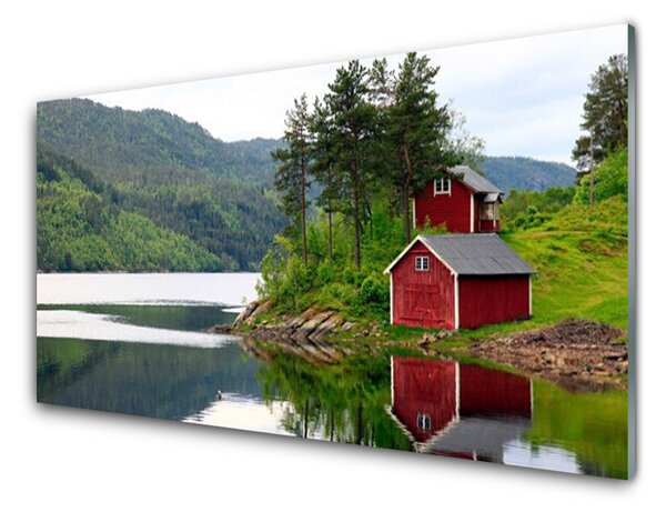 Panou sticla bucatarie Muntii Casa Copaci Lacul Peisaj Brun Verde Gri Alb