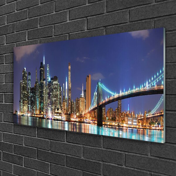 Tablou pe sticla Bridge City Arhitectura Gri Brun Violet Galben