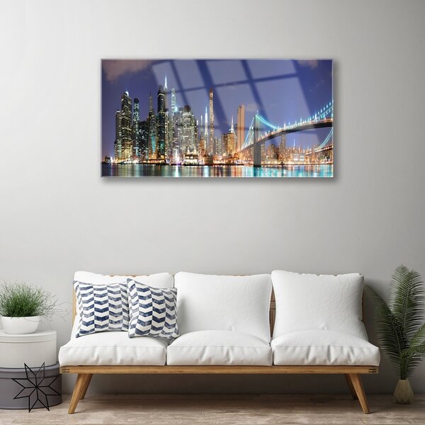 Tablou pe sticla Bridge City Arhitectura Gri Brun Violet Galben