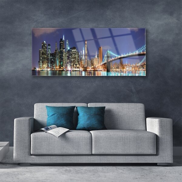 Tablou pe sticla Bridge City Arhitectura Gri Brun Violet Galben
