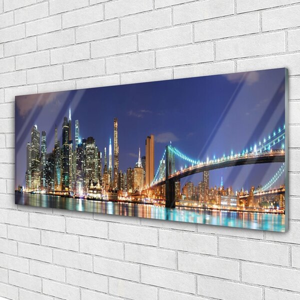 Tablou pe sticla Bridge City Arhitectura Gri Brun Violet Galben