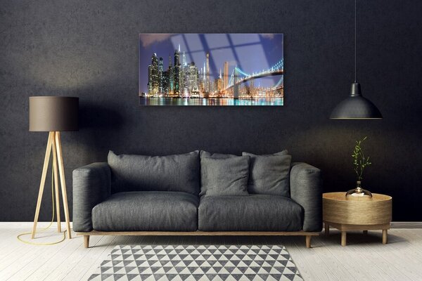 Tablou pe sticla Bridge City Arhitectura Gri Brun Violet Galben