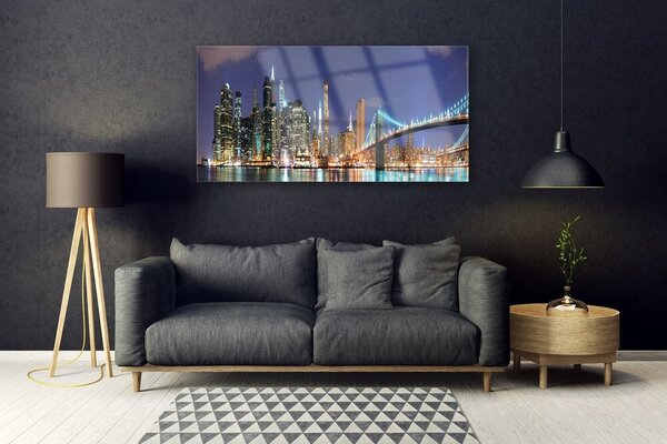 Tablou pe sticla Bridge City Arhitectura Gri Brun Violet Galben