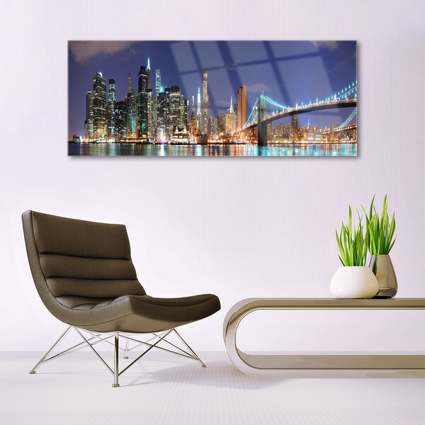 Tablou pe sticla Bridge City Arhitectura Gri Brun Violet Galben