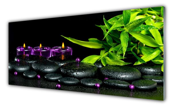 Tablou pe sticla Lumanarea Pietre Frunze Arta Negru Verde Violet