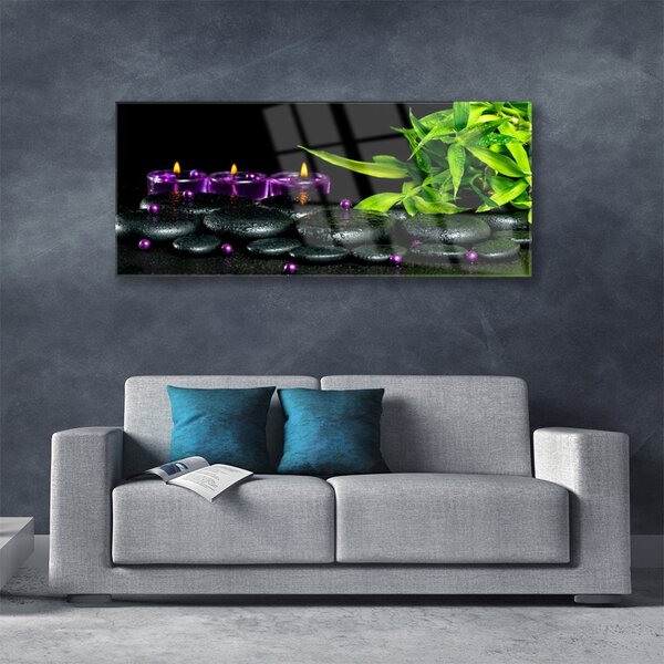 Tablou pe sticla Lumanarea Pietre Frunze Arta Negru Verde Violet