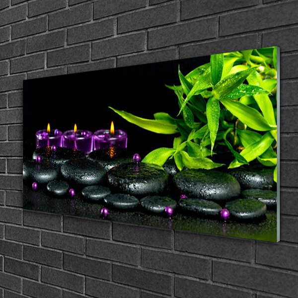 Tablou pe sticla Lumanarea Pietre Frunze Arta Negru Verde Violet