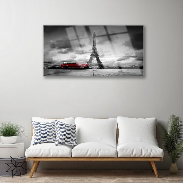 Tablou pe sticla Eiffelturm auto Paris Arhitectura Red Gray