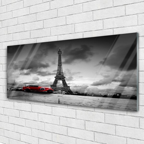 Tablou pe sticla Eiffelturm auto Paris Arhitectura Red Gray