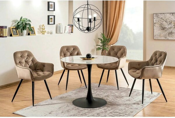 Scaun tapitat modern CHERRY, bej/negru, stofa catifelata/metal, 57x58x