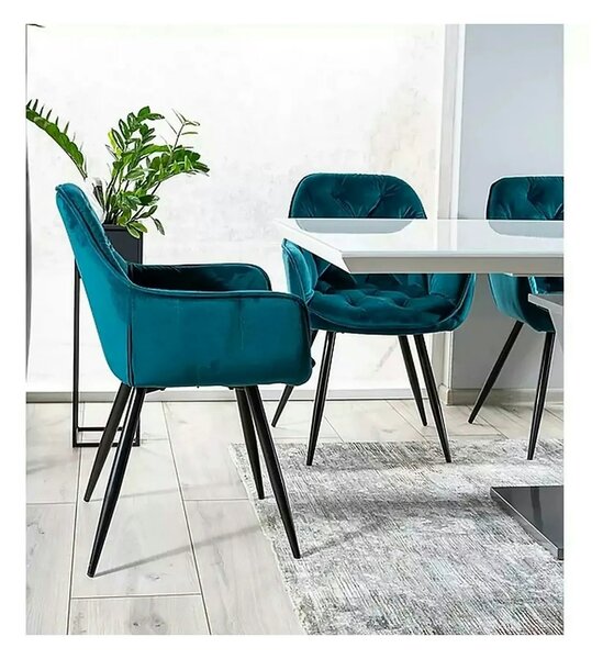 Scaun tapitat modern CHERRY, turcoaz/negru, stofa catifelata/metal, 57