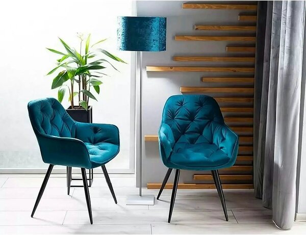 Scaun tapitat modern CHERRY, turcoaz/negru, stofa catifelata/metal, 57