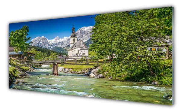 Tablou pe sticla Biserica Podul Lacul Copaci Natura Verde Maro Gri Alb