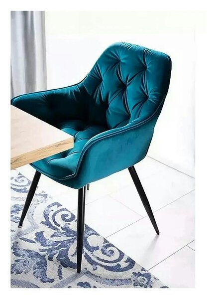 Scaun tapitat modern CHERRY, turcoaz/negru, stofa catifelata/metal, 57