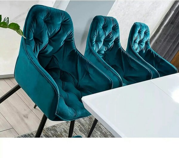 Scaun tapitat modern CHERRY, turcoaz/negru, stofa catifelata/metal, 57