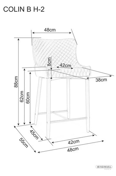 Scaun bar COLIN B H-2, gri/negru mat, stofa catifelata/metal, 48x42x88
