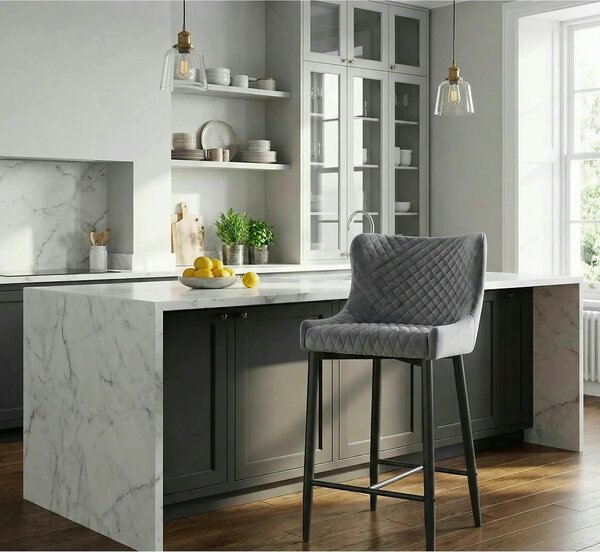 Scaun bar COLIN B H-2, gri/negru mat, stofa catifelata/metal, 48x42x88