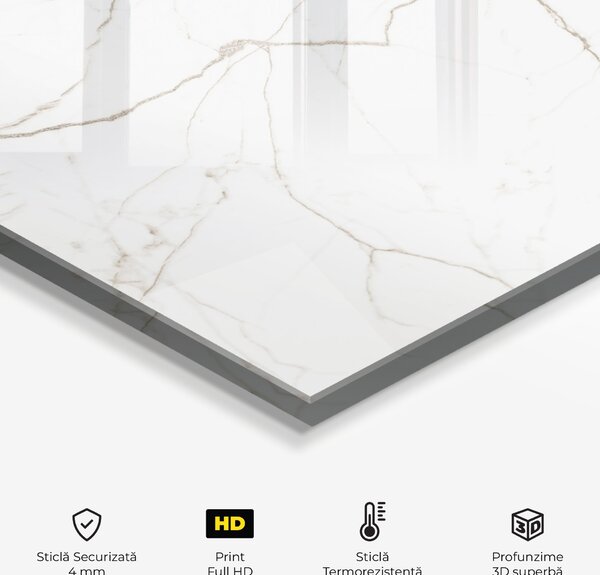 Panou Sticla Bucatarie, 60x120cm, Protectie aragaz, Antistropi, Termorezistent, Abstracte, Marble, White Brown Lines Marble