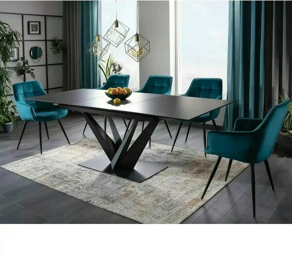 Scaun Lilia, turcoaz/negru, stofa catifelata/metal, 59x45x90 cm