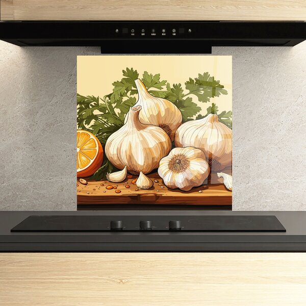 Panou Sticla Bucatarie, 60x60cm, Protectie aragaz, Antistropi, Termorezistent, Alimente, Condimente, Garlic Lemon