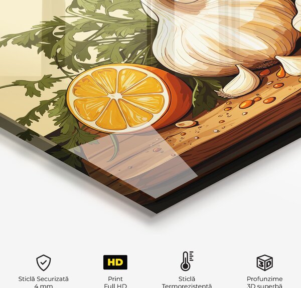 Panou Sticla Bucatarie, 60x120cm, Protectie aragaz, Antistropi, Termorezistent, Alimente, Condimente, Garlic Lemon
