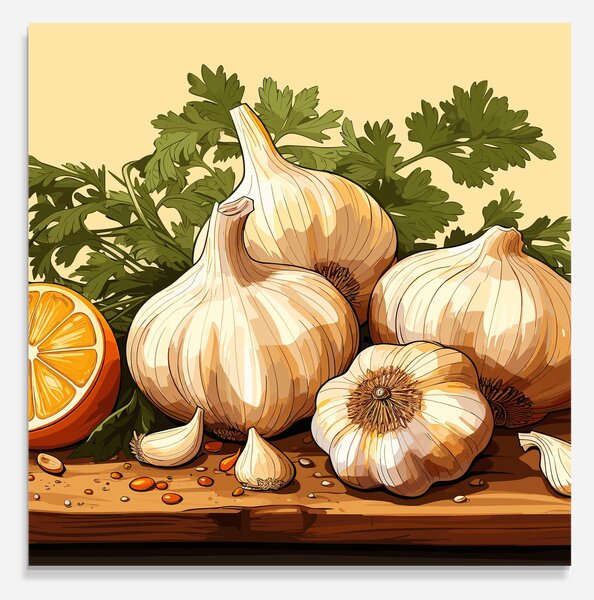 Panou Sticla Bucatarie, 60x60cm, Protectie aragaz, Antistropi, Termorezistent, Alimente, Condimente, Garlic Lemon