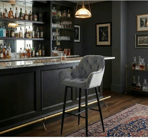 Scaun bar CHERRY H-1, gri/negru mat, stofa catifelata/metal, 56x40x105