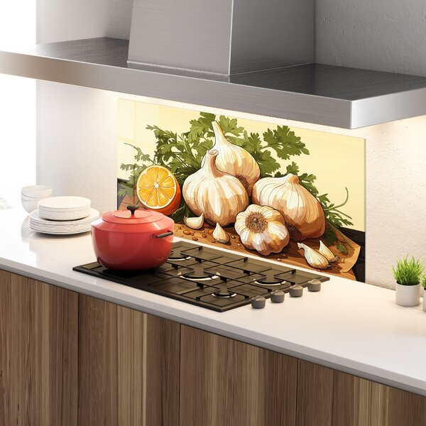 Panou Sticla Bucatarie, 60x120cm, Protectie aragaz, Antistropi, Termorezistent, Alimente, Condimente, Garlic Lemon