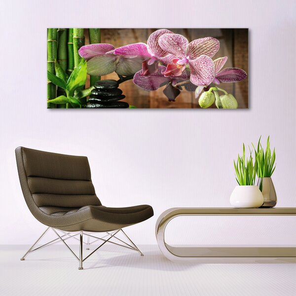 Tablou pe sticla Flori de bambus pietre Floral Verde Negru Roz