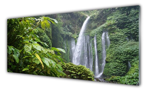 Tablou pe sticla Cascada Natura Verde Alb Gri