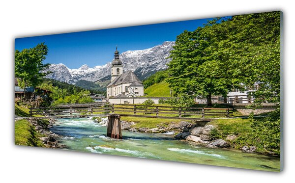 Tablou pe sticla Biserica Podul Lacul Verde Natura Maro Alb Gri
