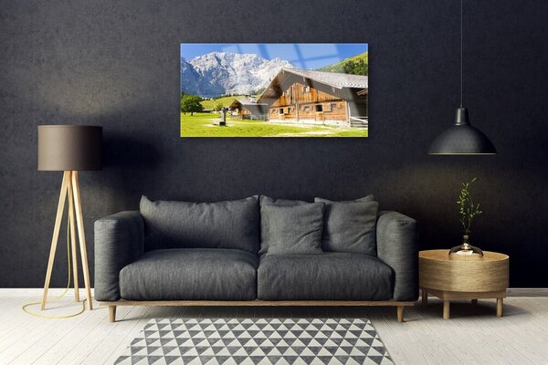 Tablou pe sticla Casa Munte Peisaj Brun Alb Gri Verde
