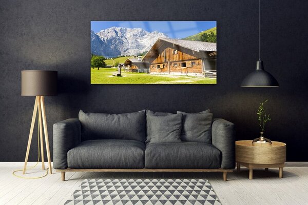 Tablou pe sticla Casa Munte Peisaj Brun Alb Gri Verde