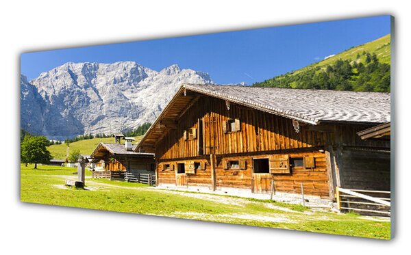 Tablou pe sticla Casa Munte Peisaj Brun Alb Gri Verde
