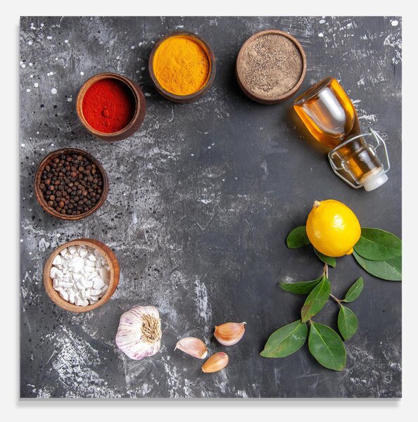 Panou Sticla Bucatarie, 60x60cm, Protectie aragaz, Antistropi, Termorezistent, Alimente, Condimente, Seasonings With Oil