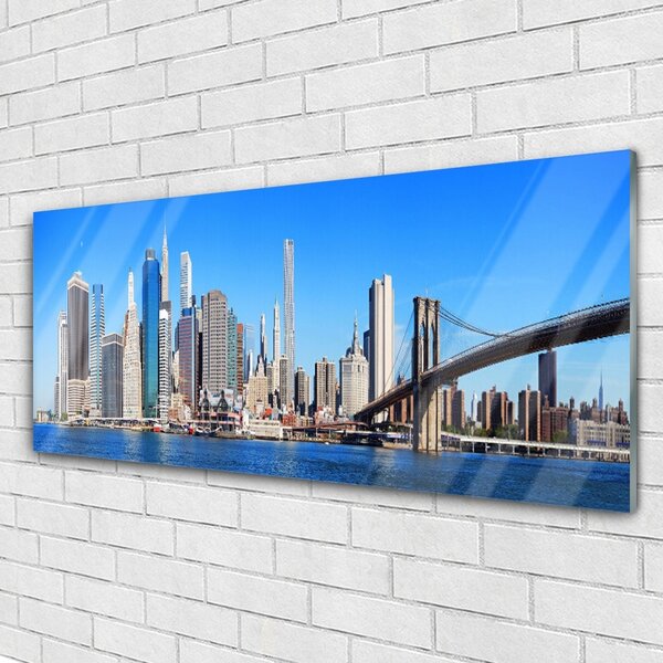 Tablou pe sticla Bridge City Arhitectura Alb Gri Albastru