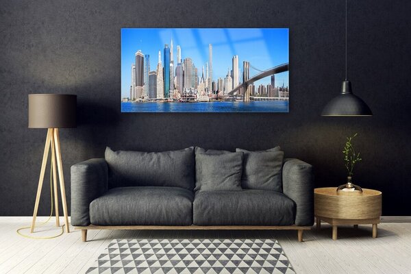 Tablou pe sticla Bridge City Arhitectura Alb Gri Albastru