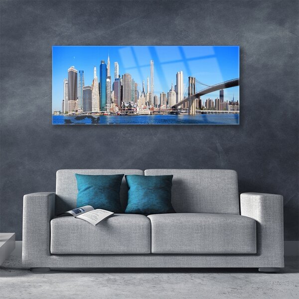 Tablou pe sticla Bridge City Arhitectura Alb Gri Albastru