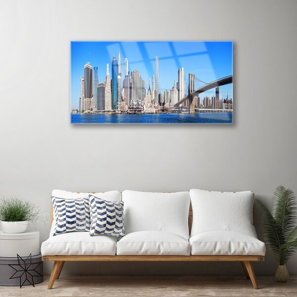 Tablou pe sticla Bridge City Arhitectura Alb Gri Albastru
