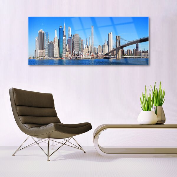 Tablou pe sticla Bridge City Arhitectura Alb Gri Albastru