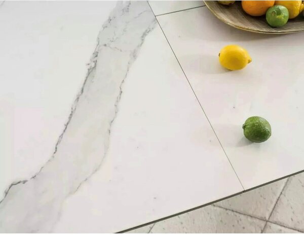 Masa dining 160 cm ARMANI, extensibila, alb cu efect de marmura/negru
