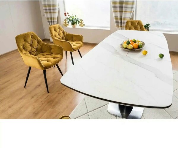 Masa dining 160 cm ARMANI, extensibila, alb cu efect de marmura/negru