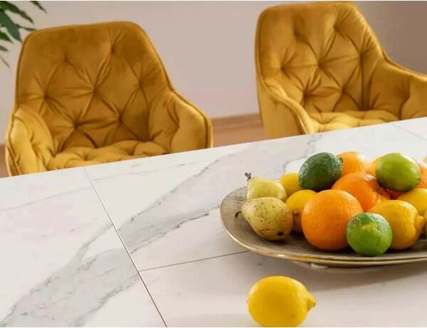 Masa dining 160 cm ARMANI, extensibila, alb cu efect de marmura/negru