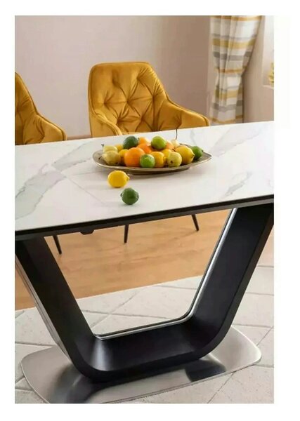 Masa dining 160 cm ARMANI, extensibila, alb cu efect de marmura/negru