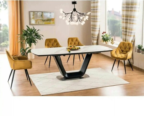 Masa dining 160 cm ARMANI, extensibila, alb cu efect de marmura/negru