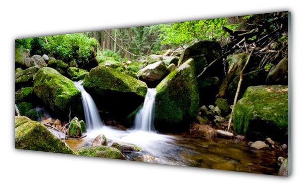 Panou sticla bucatarie Cascada Rocks Natura Verde Alb Gri