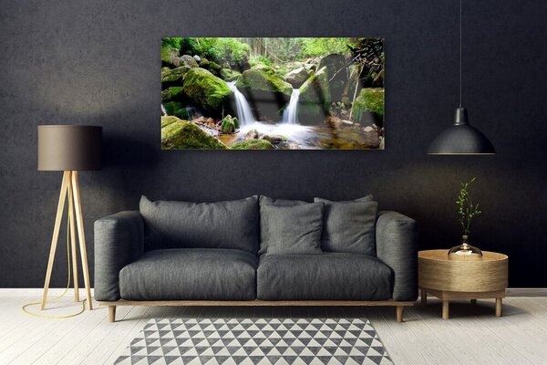 Tablou pe sticla Cascada Rocks Natura Verde Alb Gri
