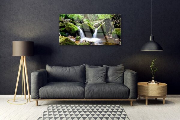 Tablou pe sticla Cascada Rocks Natura Verde Alb Gri
