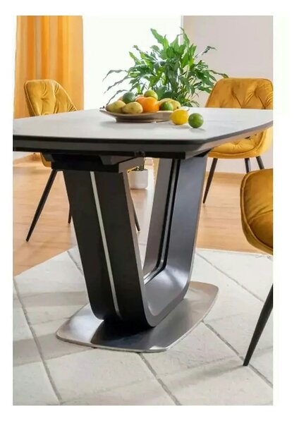 Masa dining 160 cm ARMANI, extensibila, alb cu efect de marmura/negru