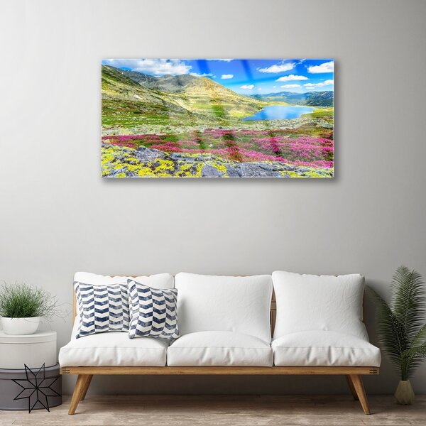 Tablou pe sticla Mountain Bay Meadow Natura Multi